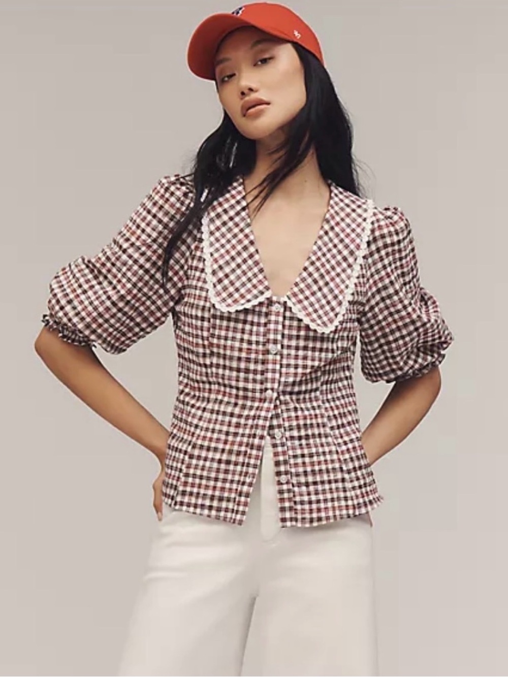 Maeve Brown and White Gingham Puff-Sleeve Button-Front Top
